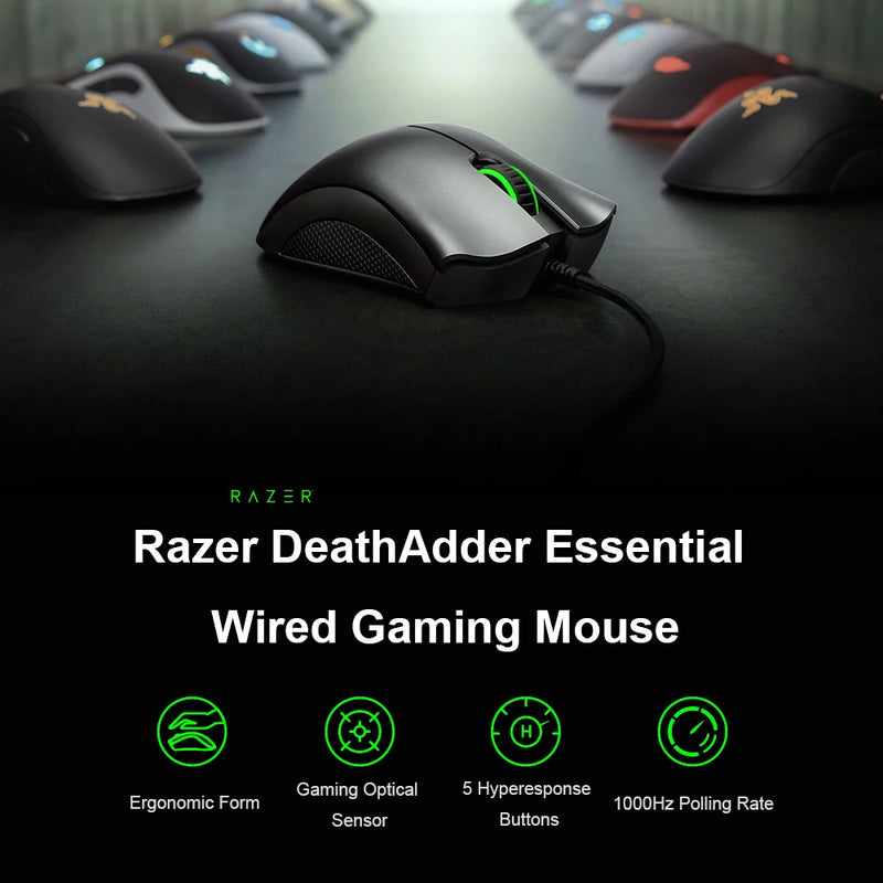 Mouse Gamer Razer DeathAdder Essential com Fio - Sensor Óptico de 6400 DPI, 5 Botões Independentes, Ideal para Laptop e PC Gamer