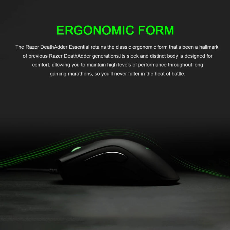 Mouse Gamer Razer DeathAdder Essential com Fio - Sensor Óptico de 6400 DPI, 5 Botões Independentes, Ideal para Laptop e PC Gamer