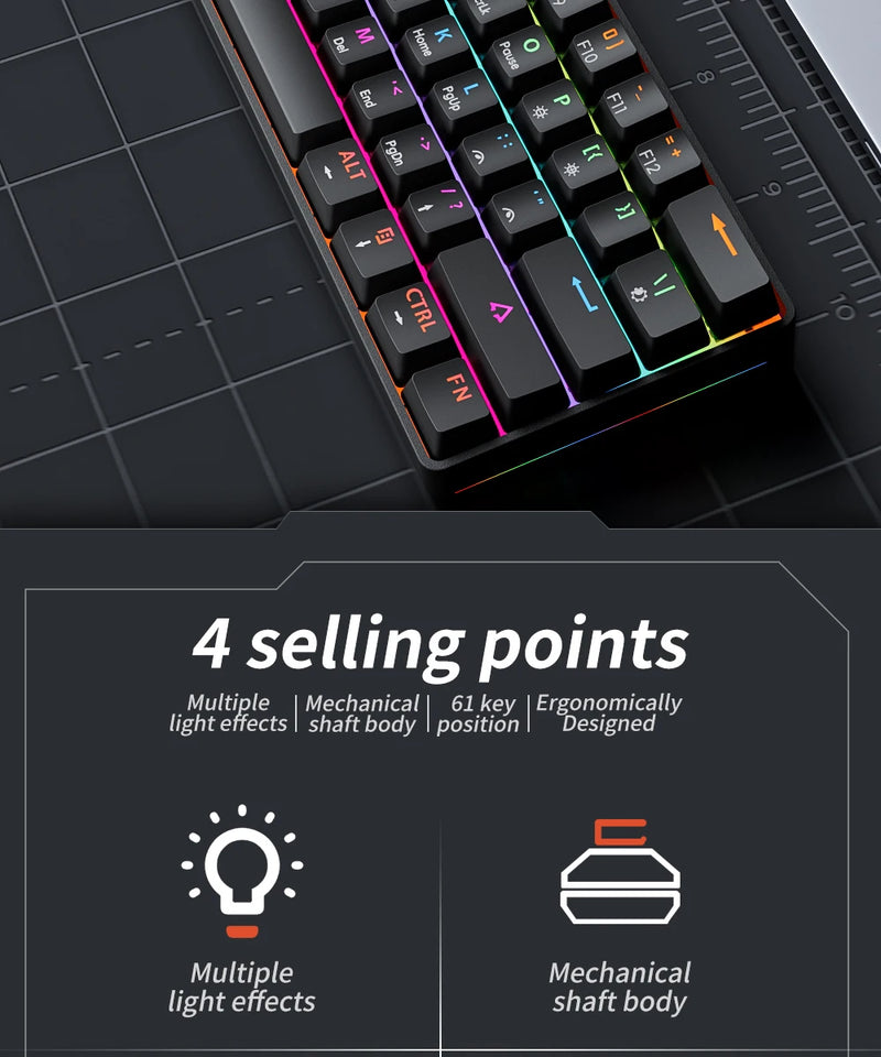 MUCAI MKA610 RGB USB Mini Mechanical Keyboard Red Switch 61 Key Wired Computer Notebook Portable Keyboard Pure Black