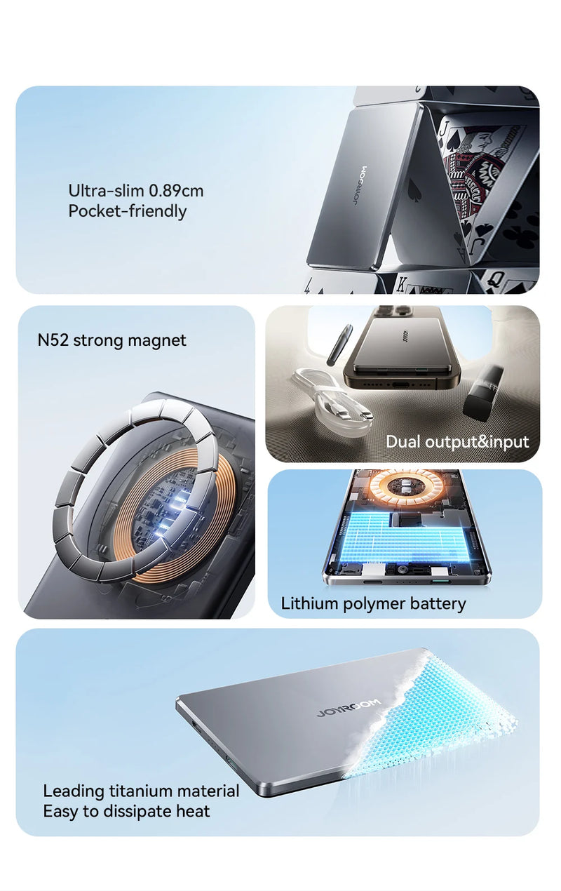Power Bank Ultra Slim JOYROOM - 0.35 Polegadas, 5000mAh, Carregador Sem Fio Portátil para MagSafe, Inclui Cabo USB-C, Compatível com iPhone 16/15/14/13/12