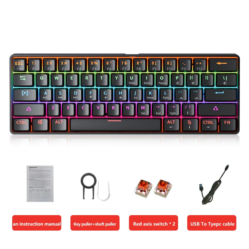 MUCAI MKA610 RGB USB Mini Mechanical Keyboard Red Switch 61 Key Wired Computer Notebook Portable Keyboard Pure Black