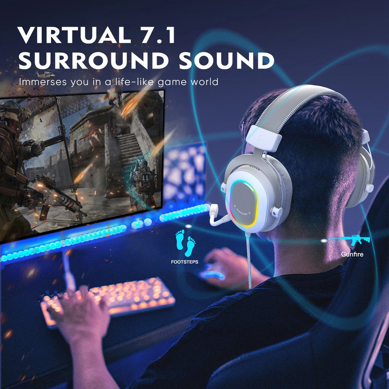 Fone de Ouvido Gamer FIFINE RGB com Som Surround 7.1 - Microfone, 3 Modos de Equalização, Over-Ear, Controle Inline, Compatível com PC, PS4 e PS5 (Ampligame H6W)