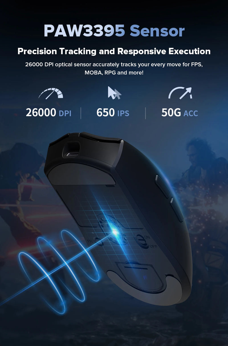 Mouse Gamer Sem Fio Delux M600 - 52g Leve, Conexão Dual 2.4G, 26000 DPI, Recarga e Macro, Ideal para PC Gamer