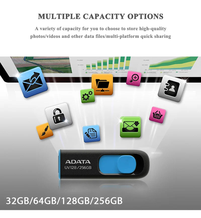 Pen Drive ADATA UV128 - USB 3.2 Flash Drive, 32GB, 64GB, 128GB, 256GB, Ideal para Desktop e Laptop