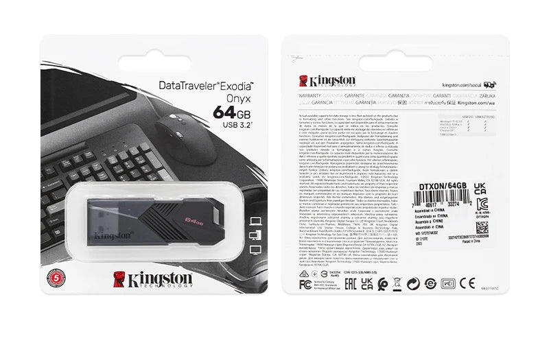 Pen Drive Kingston DataTraveler Exodia Onyx - USB Flash Drive 64GB, 128GB, 256GB, USB 3.2 Gen 1, Preto, Ideal para Computador