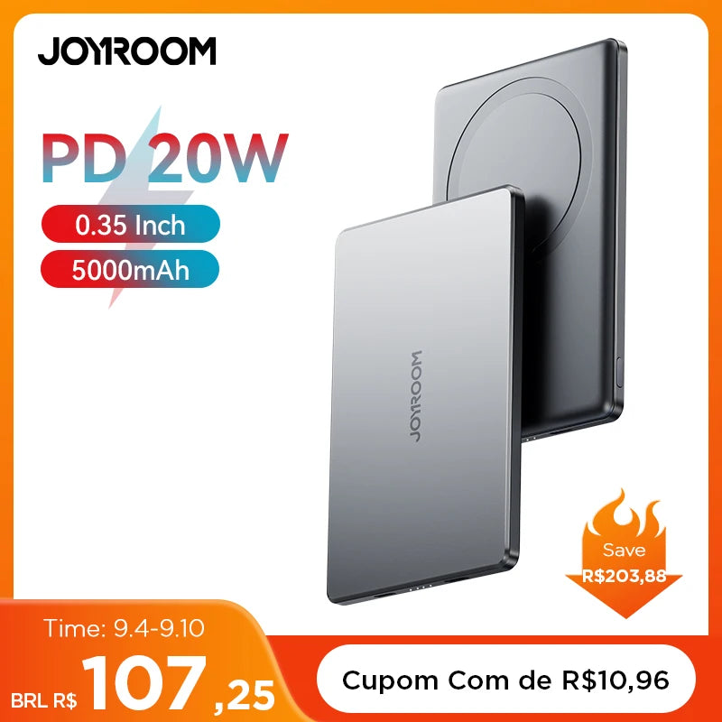 Power Bank Ultra Slim JOYROOM - 0.35 Polegadas, 5000mAh, Carregador Sem Fio Portátil para MagSafe, Inclui Cabo USB-C, Compatível com iPhone 16/15/14/13/12