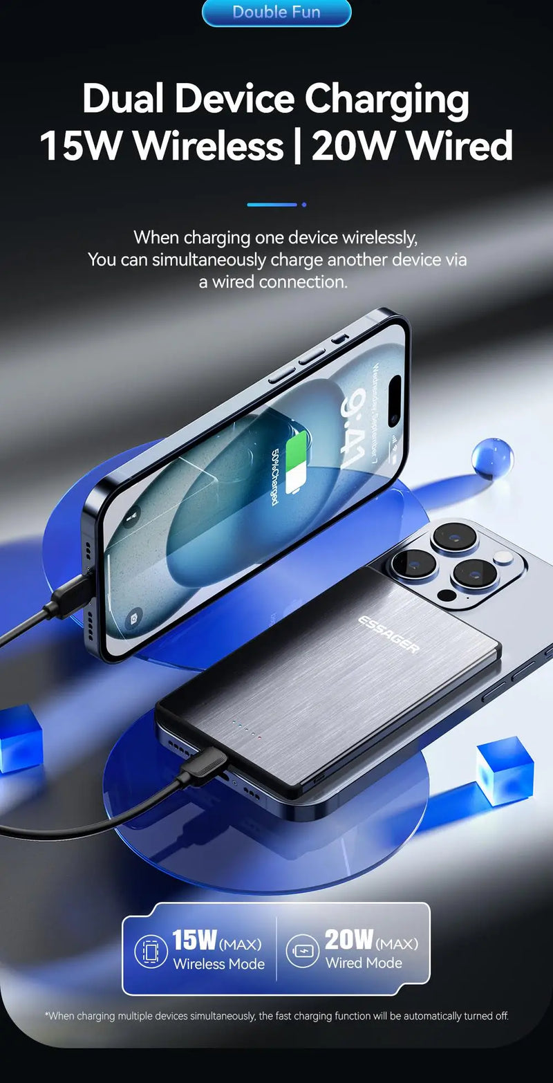 Power Bank Magnético Essager PD 20W - Carregador Sem Fio de 5000mAh, Bateria Externa Ultra Fina, Compatível com iPhone 15, 14, 13 Pro Max