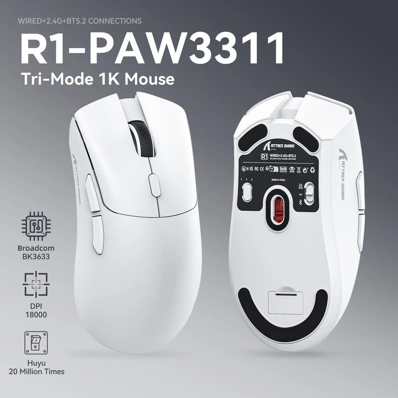 Mouse Gamer Attack Shark R1 - Conexão Tri-Mode, 1000Hz, 18000 DPI, Sensor PAW3311, Com Macro para Jogos