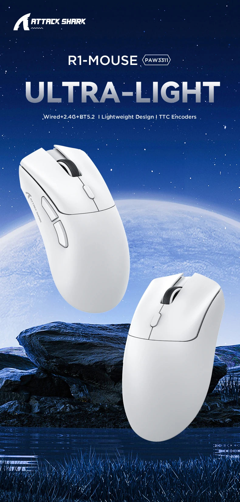 Mouse Gamer Attack Shark R1 - Conexão Tri-Mode, 1000Hz, 18000 DPI, Sensor PAW3311, Com Macro para Jogos