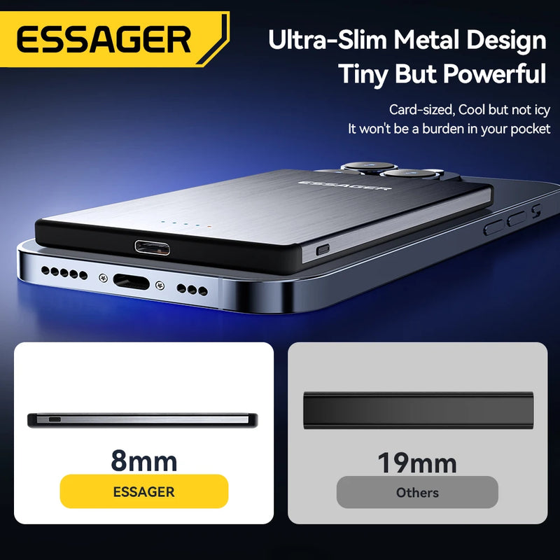 Power Bank Magnético Essager PD 20W - Carregador Sem Fio de 5000mAh, Bateria Externa Ultra Fina, Compatível com iPhone 15, 14, 13 Pro Max
