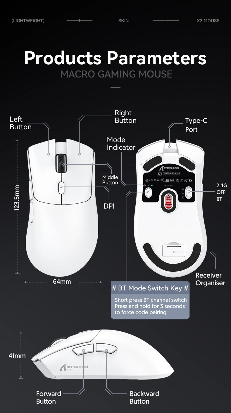 Mouse Gamer Attack Shark R1 - Conexão Tri-Mode, 1000Hz, 18000 DPI, Sensor PAW3311, Com Macro para Jogos