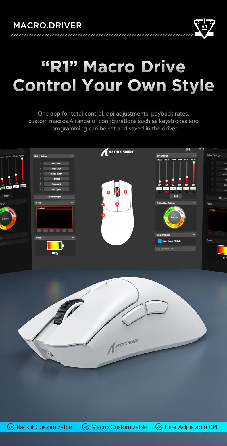 Mouse Gamer Attack Shark R1 - Conexão Tri-Mode, 1000Hz, 18000 DPI, Sensor PAW3311, Com Macro para Jogos