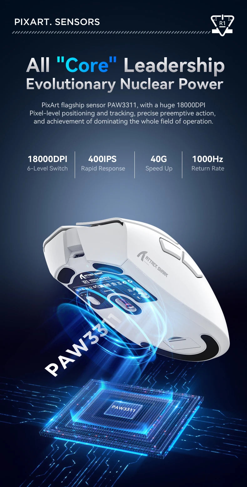 Mouse Gamer Attack Shark R1 - Conexão Tri-Mode, 1000Hz, 18000 DPI, Sensor PAW3311, Com Macro para Jogos