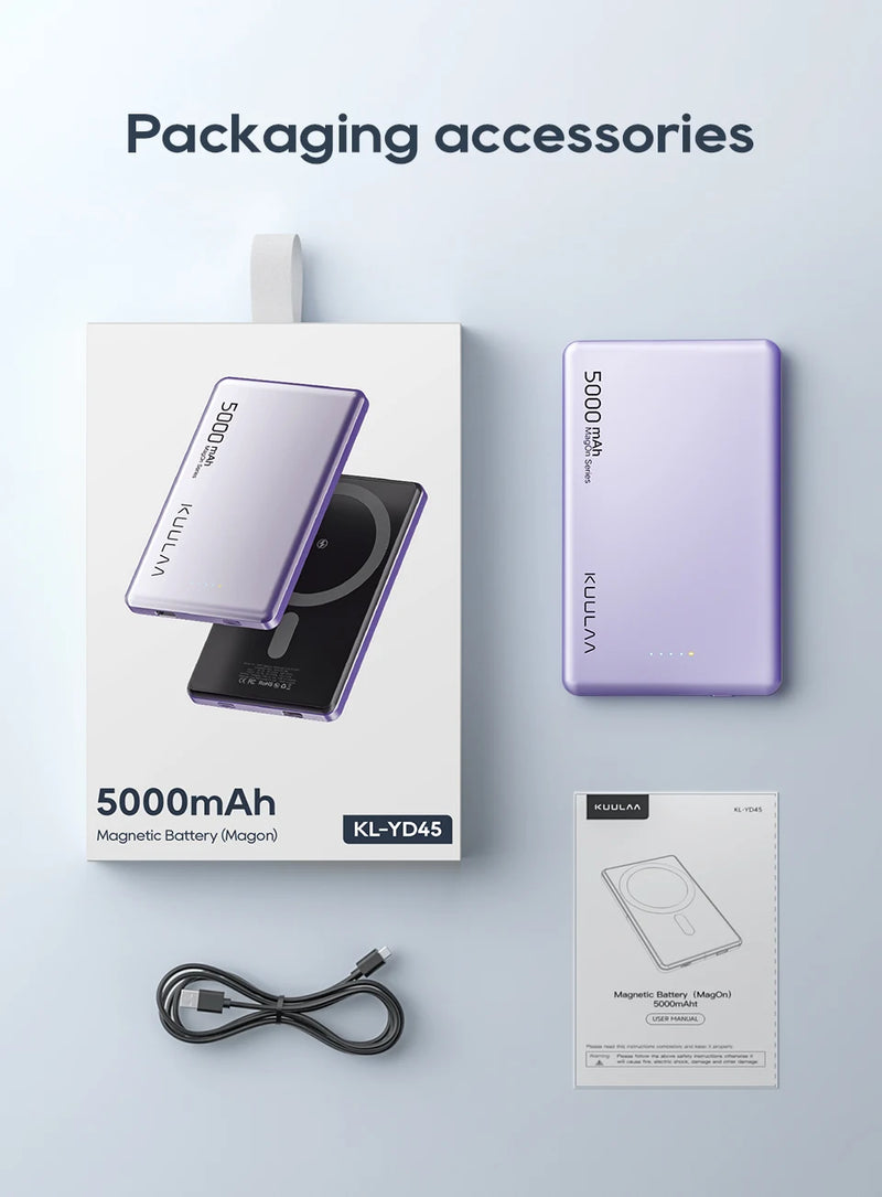 Power Bank KUULAA MagSafe 5000mAh - Carregador Sem Fio Magnético, Bateria Externa com 20W de Carga Rápida, Compatível com iPhone 15 e 14