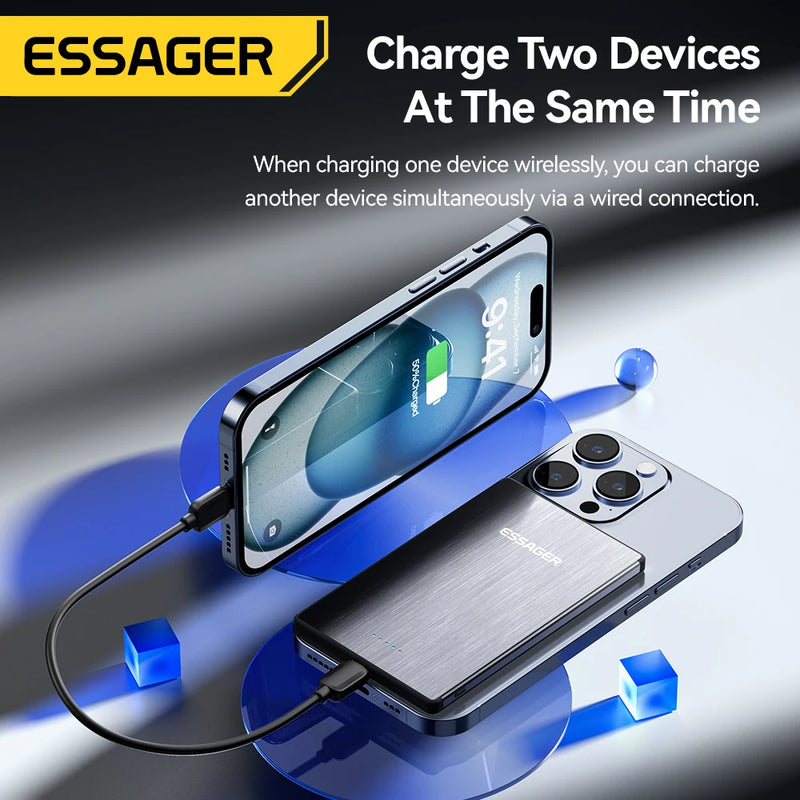 Power Bank Magnético Essager PD 20W - Carregador Sem Fio de 5000mAh, Bateria Externa Ultra Fina, Compatível com iPhone 15, 14, 13 Pro Max