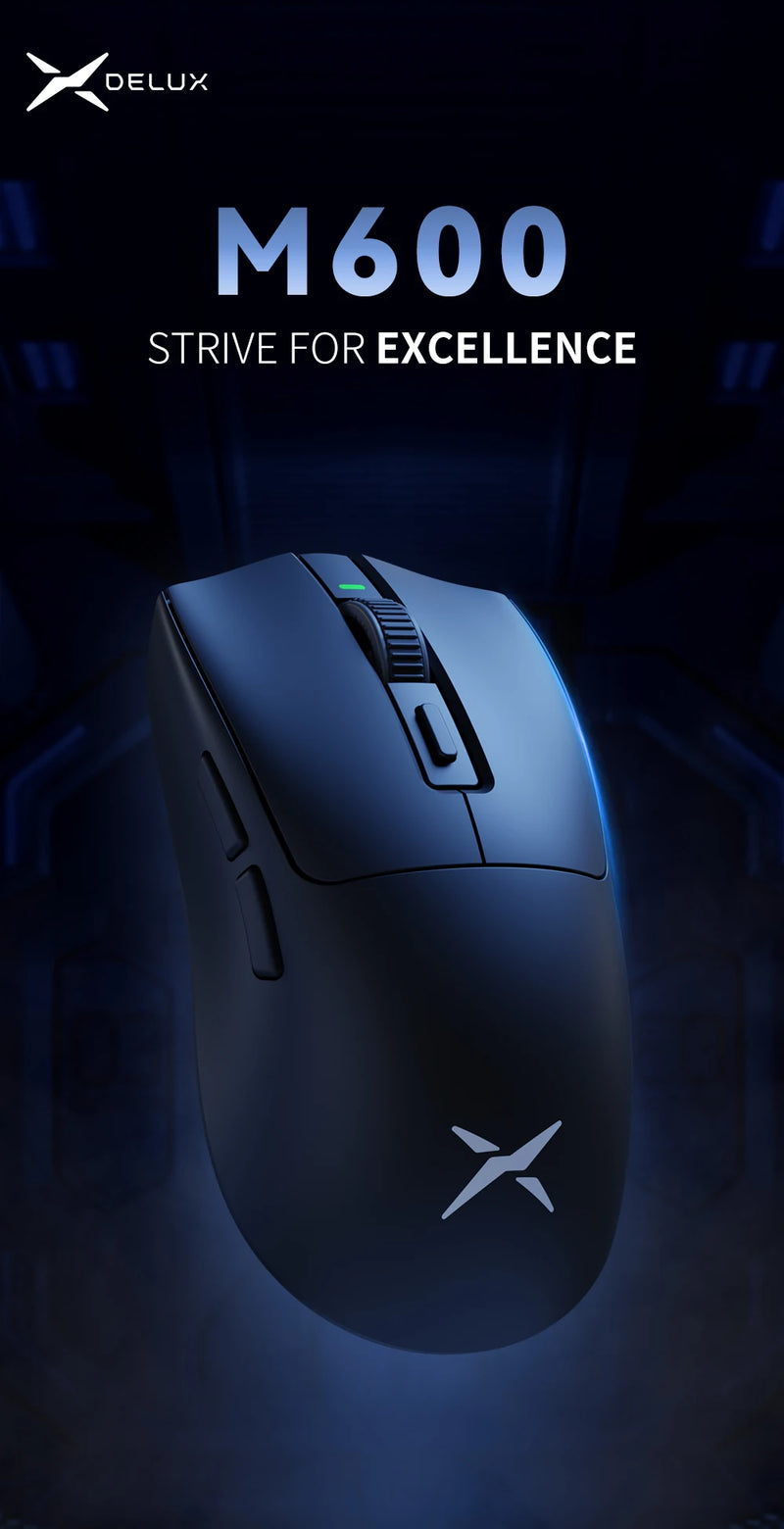 Mouse Gamer Sem Fio Delux M600 - 52g Leve, Conexão Dual 2.4G, 26000 DPI, Recarga e Macro, Ideal para PC Gamer
