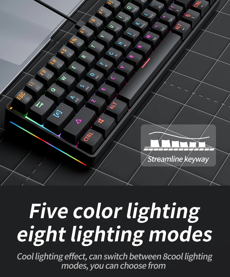 MUCAI MKA610 RGB USB Mini Mechanical Keyboard Red Switch 61 Key Wired Computer Notebook Portable Keyboard Pure Black