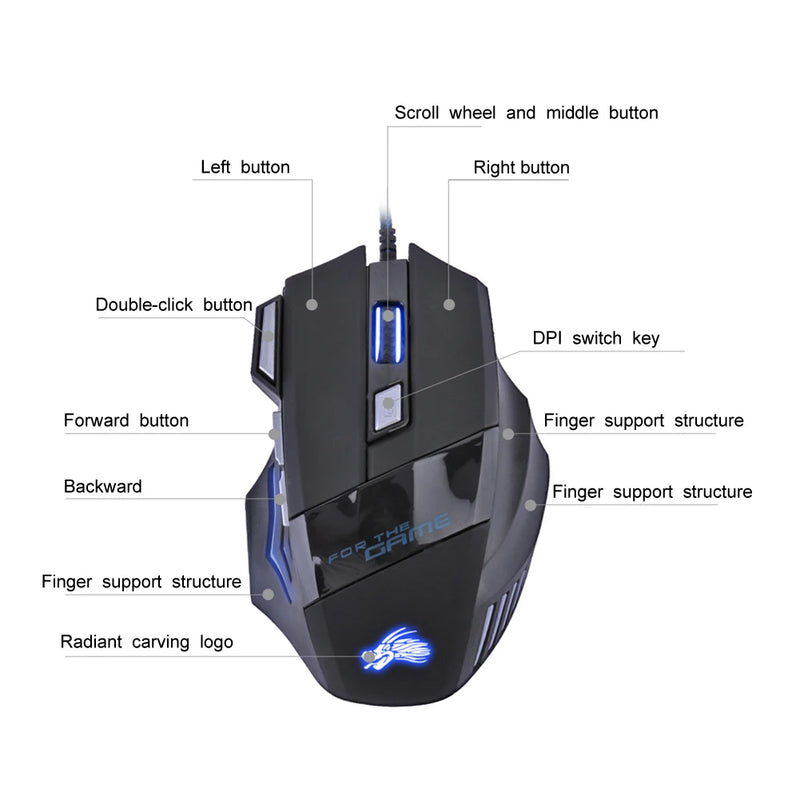 Mouse Gamer USB com Fio - 7 Botões Retroiluminados, Ergonomico, 5500 DPI Ajustável, Óptico, Ideal para PC e Desktop