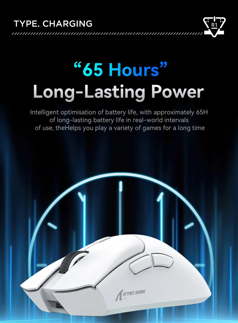 Mouse Gamer Attack Shark R1 - Conexão Tri-Mode, 1000Hz, 18000 DPI, Sensor PAW3311, Com Macro para Jogos