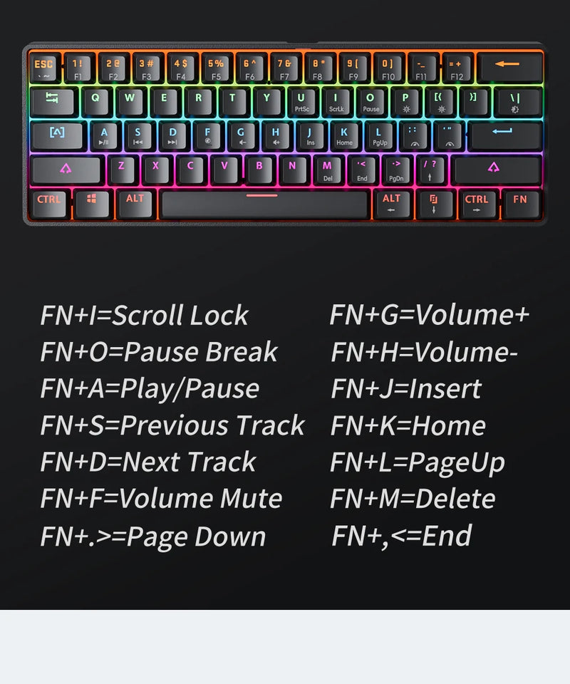MUCAI MKA610 RGB USB Mini Mechanical Keyboard Red Switch 61 Key Wired Computer Notebook Portable Keyboard Pure Black
