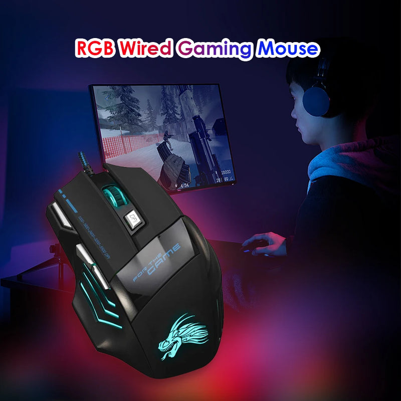 Mouse Gamer USB com Fio - 7 Botões Retroiluminados, Ergonomico, 5500 DPI Ajustável, Óptico, Ideal para PC e Desktop