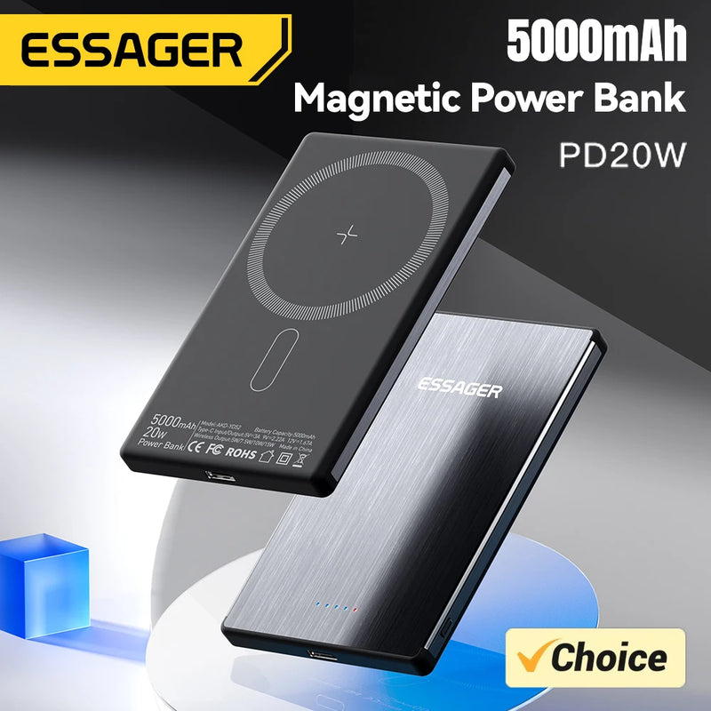 Power Bank Magnético Essager PD 20W - Carregador Sem Fio de 5000mAh, Bateria Externa Ultra Fina, Compatível com iPhone 15, 14, 13 Pro Max