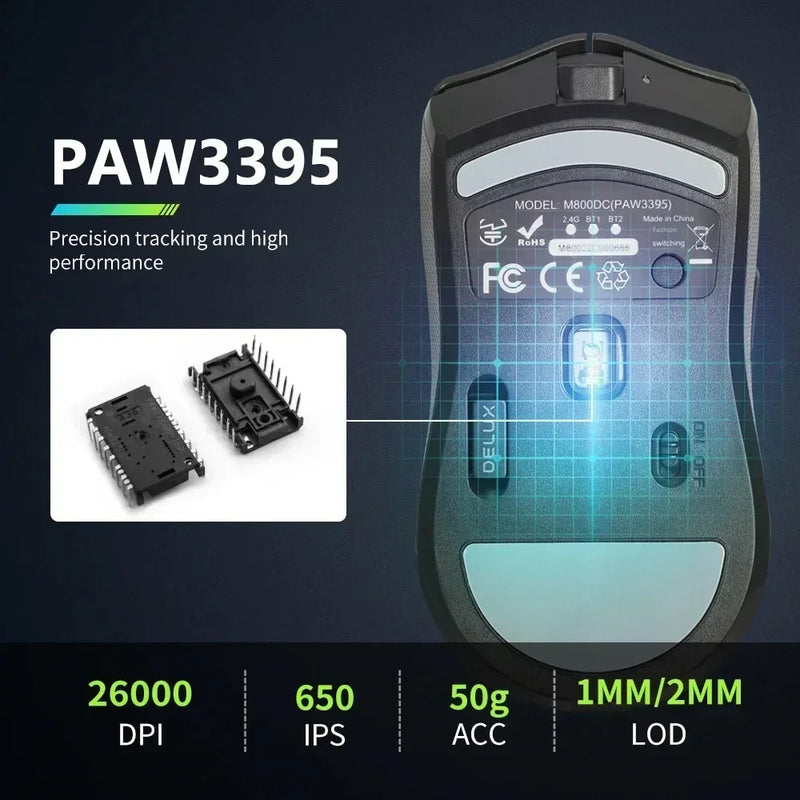 Mouse Gamer Sem Fio Delux M800 PRO - Conexão Tri-Mode Bluetooth, 26000 DPI, Switches Huano Rosa, Ideal para PC Gamer