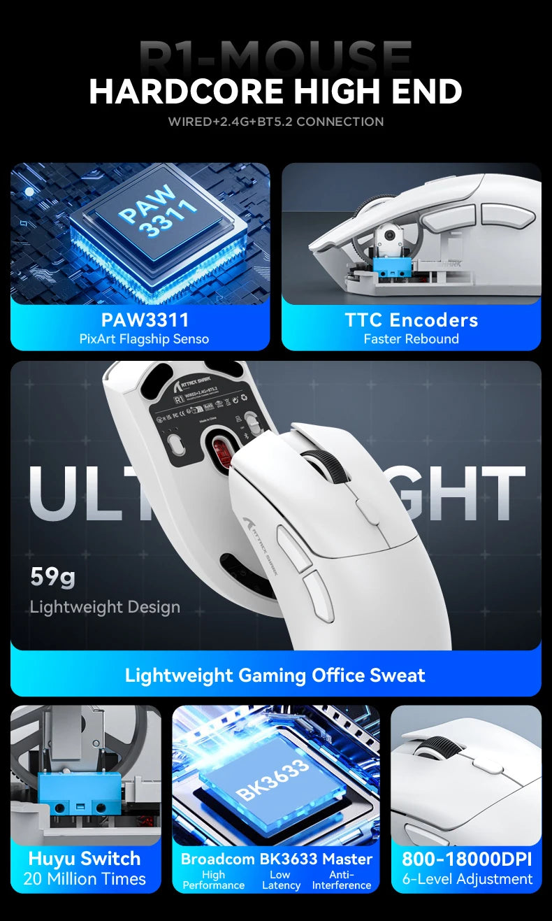 Mouse Gamer Attack Shark R1 - Conexão Tri-Mode, 1000Hz, 18000 DPI, Sensor PAW3311, Com Macro para Jogos