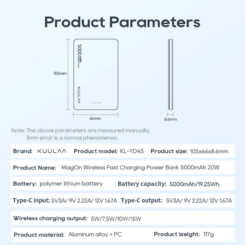 Power Bank KUULAA MagSafe 5000mAh - Carregador Sem Fio Magnético, Bateria Externa com 20W de Carga Rápida, Compatível com iPhone 15 e 14