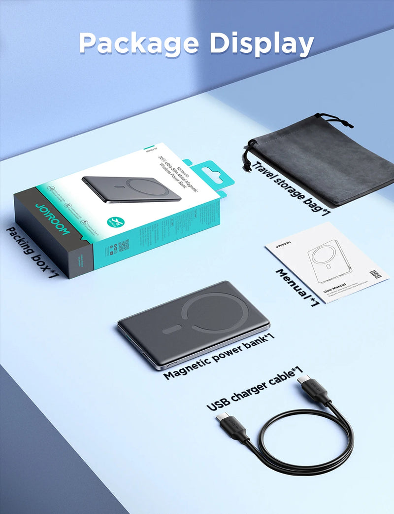 Power Bank Ultra Slim JOYROOM - 0.35 Polegadas, 5000mAh, Carregador Sem Fio Portátil para MagSafe, Inclui Cabo USB-C, Compatível com iPhone 16/15/14/13/12