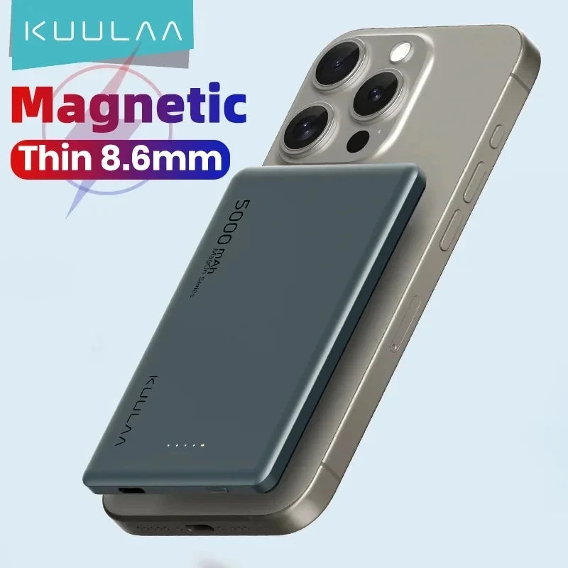 Power Bank KUULAA MagSafe 5000mAh - Carregador Sem Fio Magnético, Bateria Externa com 20W de Carga Rápida, Compatível com iPhone 15 e 14