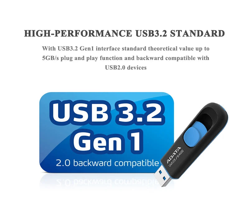 Pen Drive ADATA UV128 - USB 3.2 Flash Drive, 32GB, 64GB, 128GB, 256GB, Ideal para Desktop e Laptop