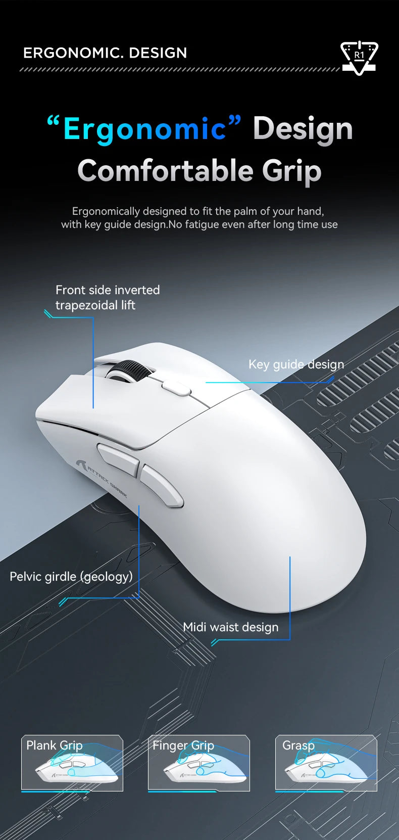 Mouse Gamer Attack Shark R1 - Conexão Tri-Mode, 1000Hz, 18000 DPI, Sensor PAW3311, Com Macro para Jogos