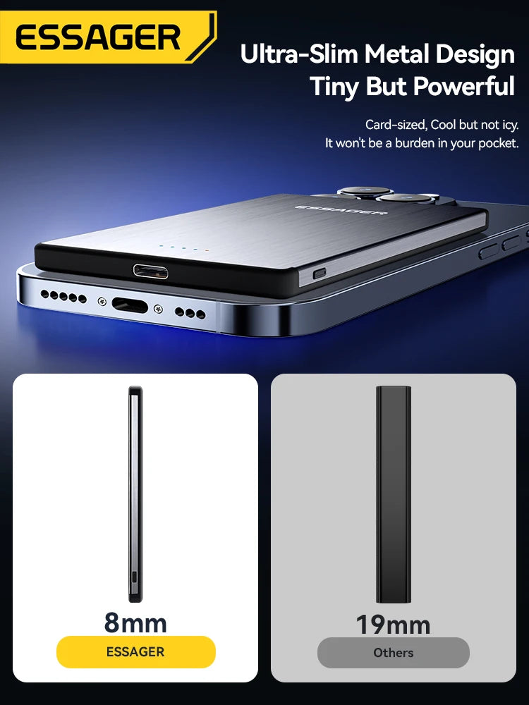 Power Bank Magnético Essager PD 20W - Carregador Sem Fio de 5000mAh, Bateria Externa Ultra Fina, Compatível com iPhone 15, 14, 13 Pro Max