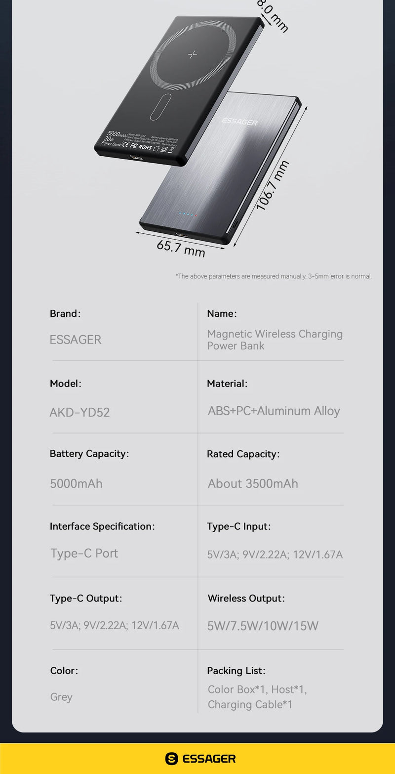 Power Bank Magnético Essager PD 20W - Carregador Sem Fio de 5000mAh, Bateria Externa Ultra Fina, Compatível com iPhone 15, 14, 13 Pro Max