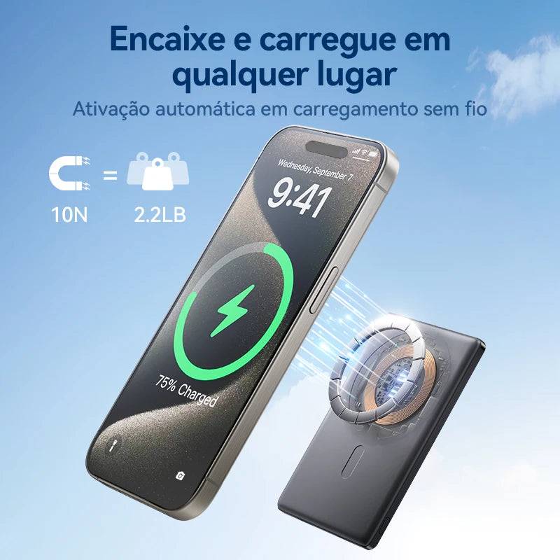 Power Bank Ultra Slim JOYROOM - 0.35 Polegadas, 5000mAh, Carregador Sem Fio Portátil para MagSafe, Inclui Cabo USB-C, Compatível com iPhone 16/15/14/13/12