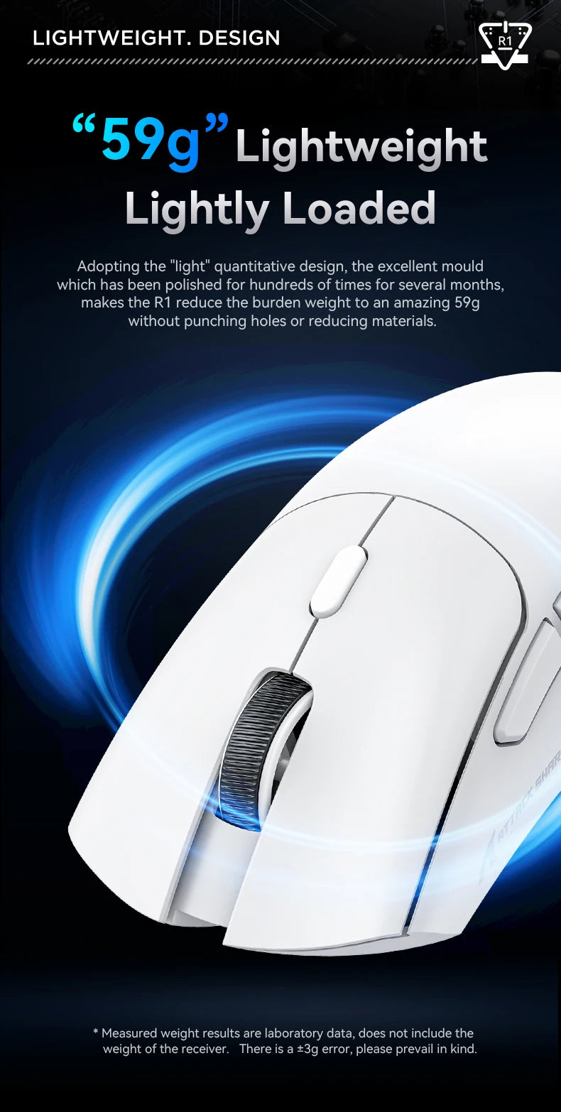 Mouse Gamer Attack Shark R1 - Conexão Tri-Mode, 1000Hz, 18000 DPI, Sensor PAW3311, Com Macro para Jogos