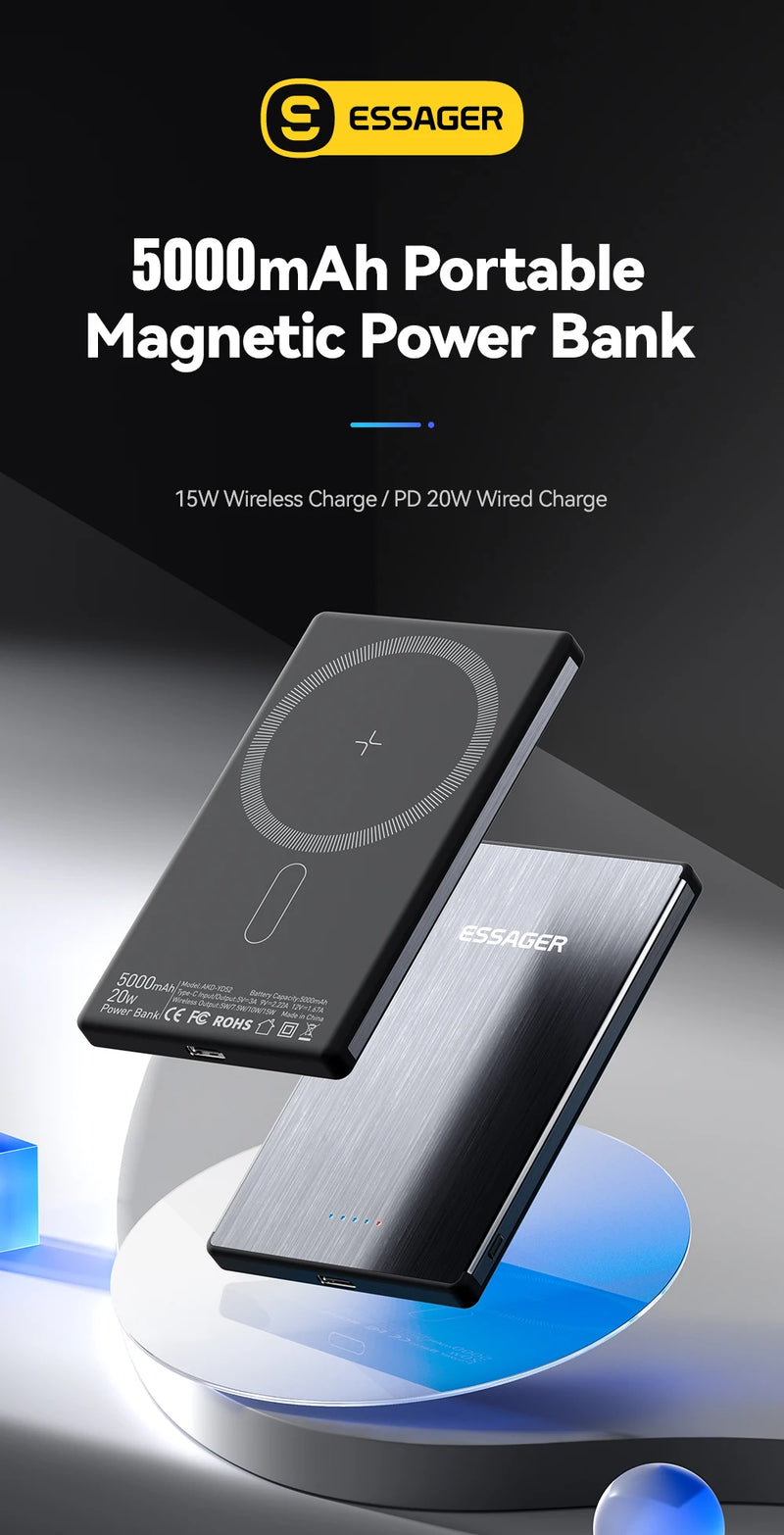 Power Bank Magnético Essager PD 20W - Carregador Sem Fio de 5000mAh, Bateria Externa Ultra Fina, Compatível com iPhone 15, 14, 13 Pro Max